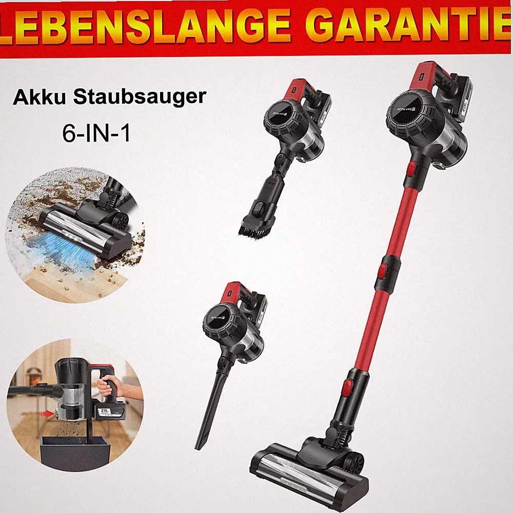 6-in-1 Staubsauger Akku Handstaubsauger kabellos beutellos Wandladestation