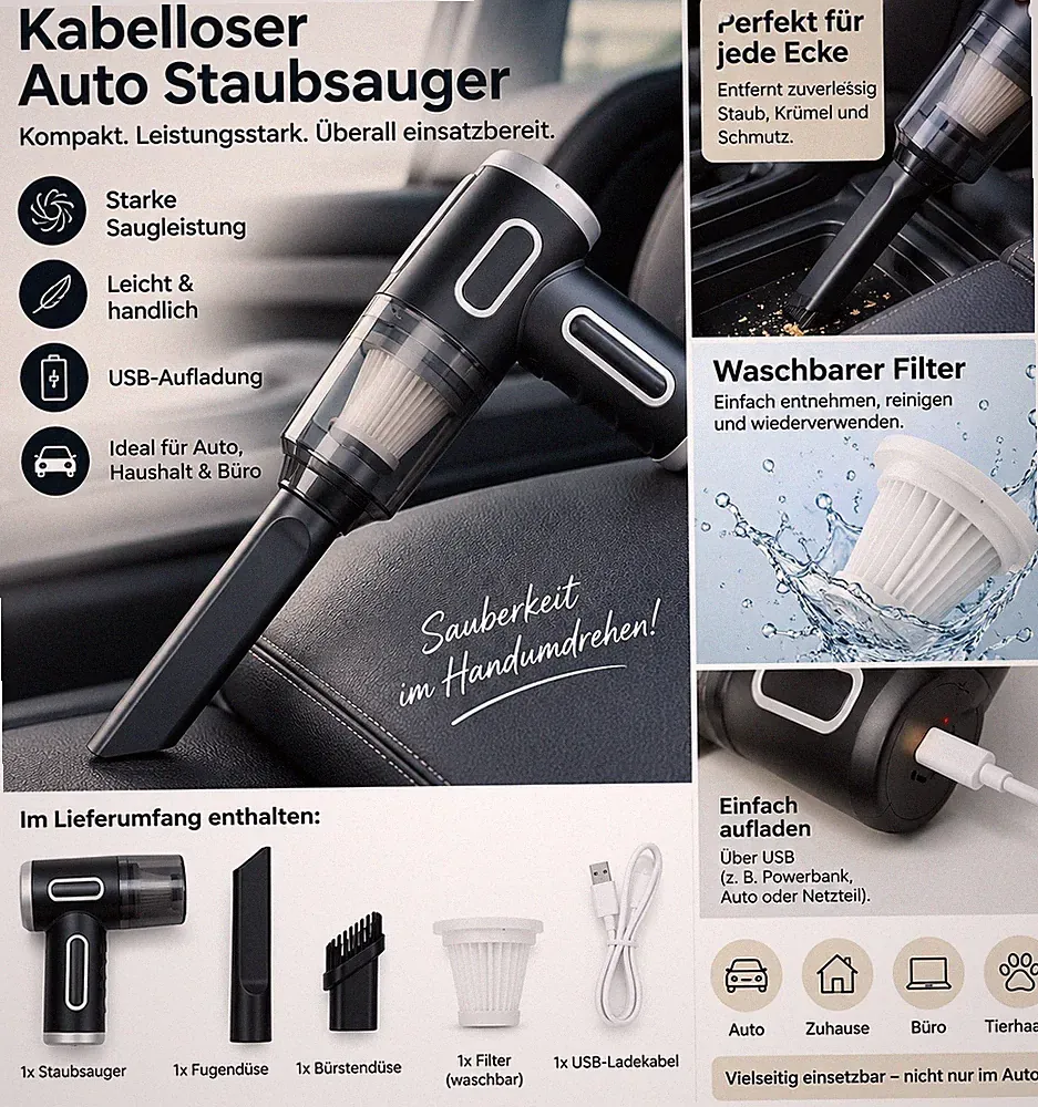 Akku Handstaubsauger Auto kabellos USB | Fugendüse Bürste | kompakt | NEU