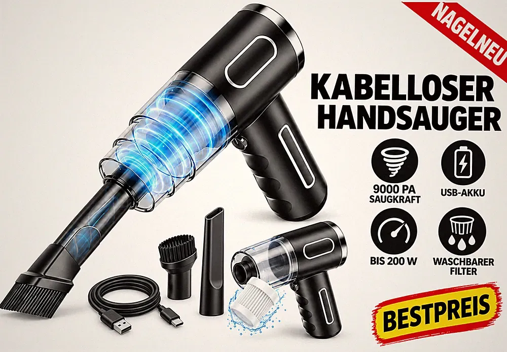 Akku Handstaubsauger kabellos Auto Haushalt Nass Trocken Sauger 9000PA USB Laden