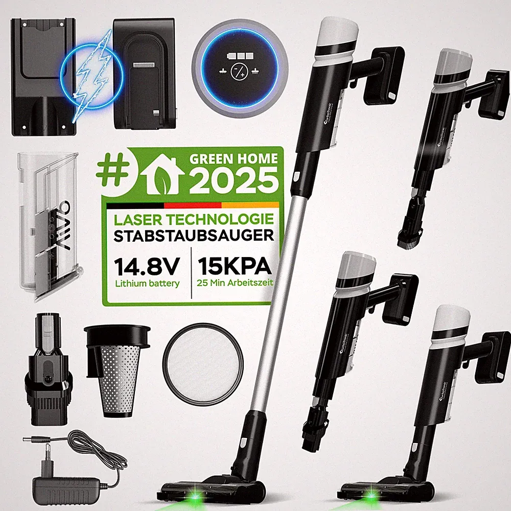 Akku Stabstaubsauger 15kPa Laserlicht 2in1 Handgerät beutellos leicht 120W