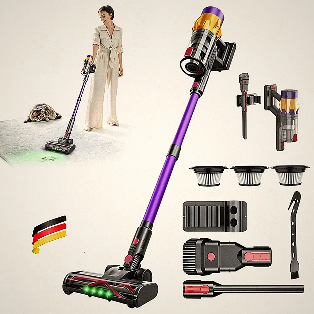 Akku Staubsauger Kabellos 25KPa Stielstaubsauger Selbststehend LED für Tierhaare