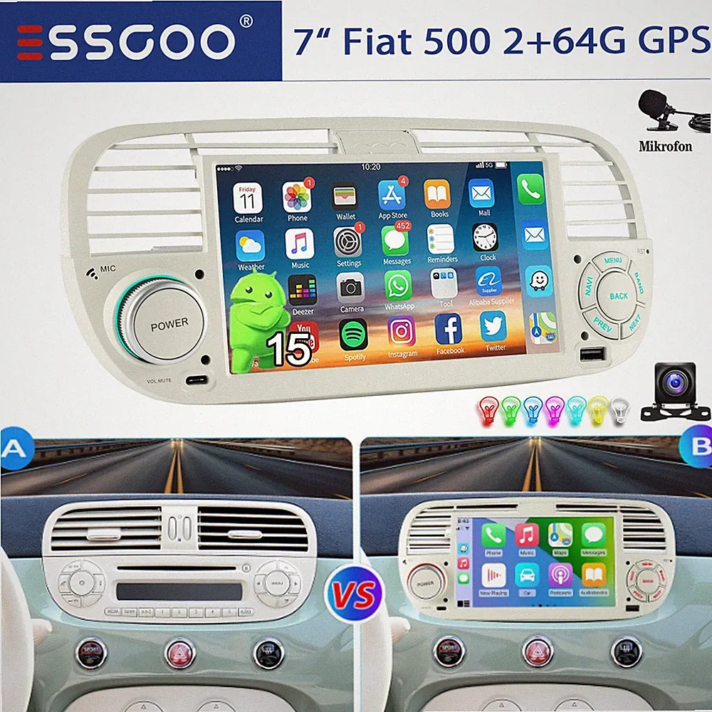 Apple Carplay Für Fiat 500 2007-2015 Android 15 2G+64GB Autoradio GPS Wifi KAM+