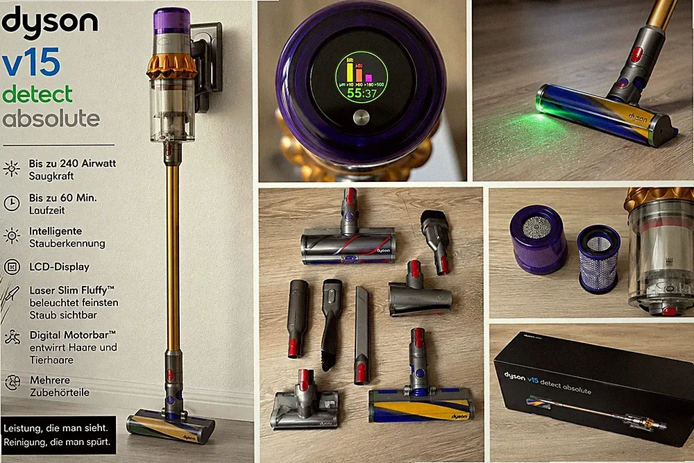 Dyson V15 Detect Absolute Stabstaubsauger kabellos Laser LCD 60 Min Zubehör NEU