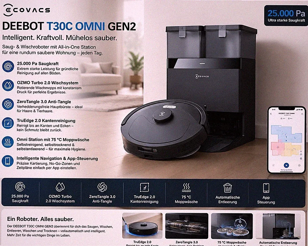 ECOVACS DEEBOT T30C OMNI Gen2 Saugroboter Wischroboter 25000Pa WLAN Schwarz