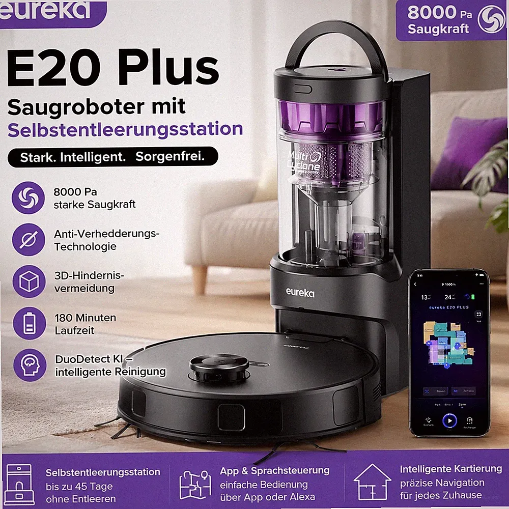 Eureka E20 Plus Saugroboter 8000Pa Selbstentleerungsstation WLAN Alexa Siri