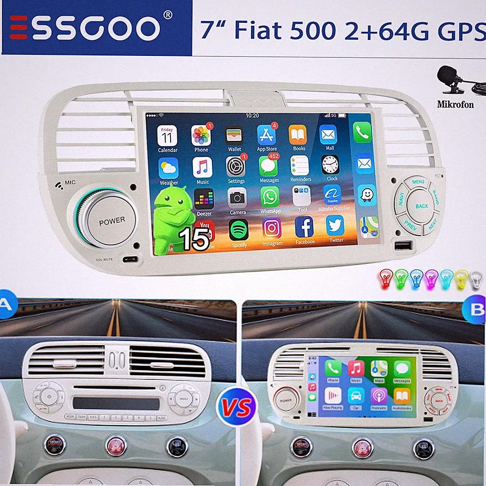 Für Fiat 500 2007-2015 Android 15 2+64G Carplay Autoradio GPS Navi RDS BT Type-C