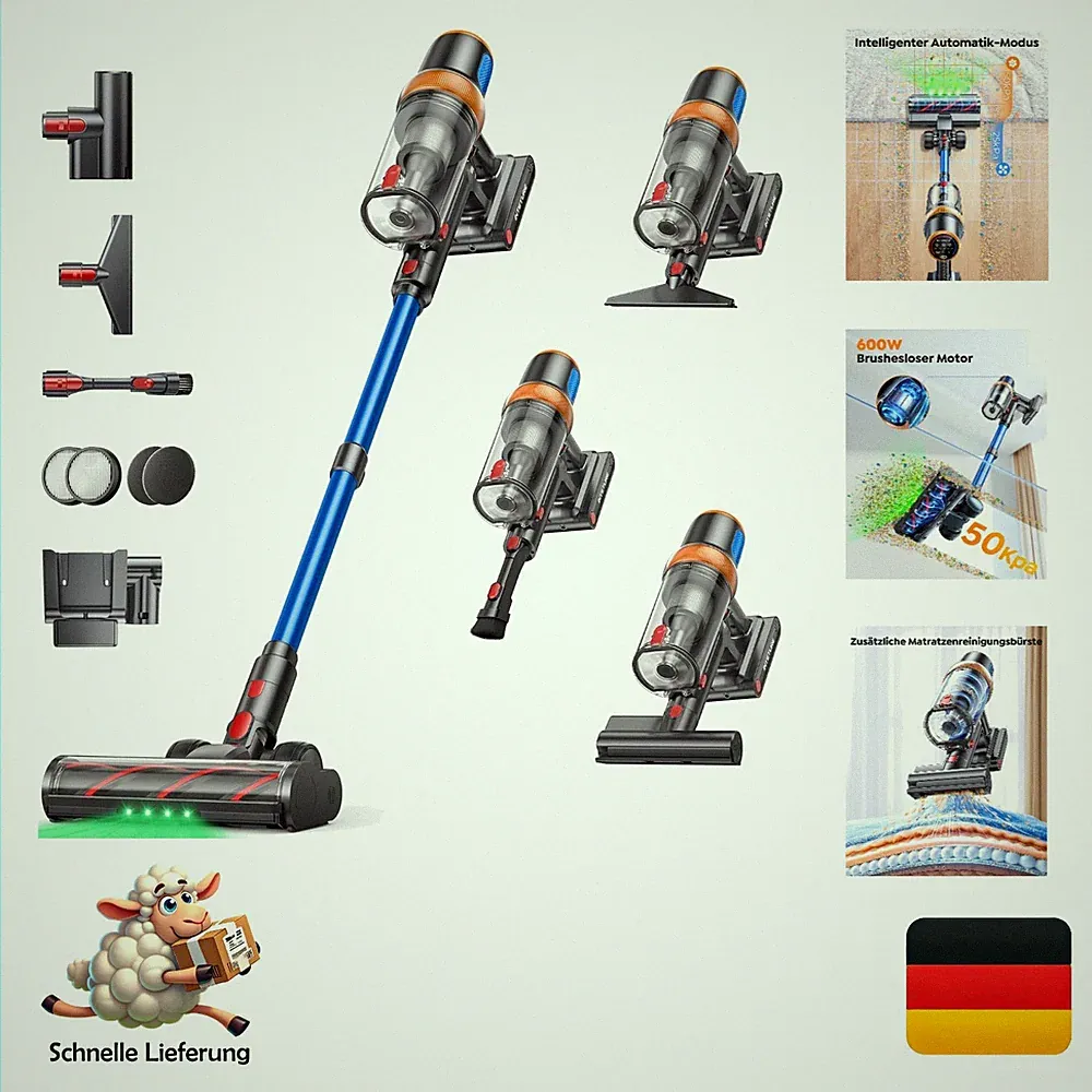 Inteture Akku Staubsauger 600W 50KPA 65Min