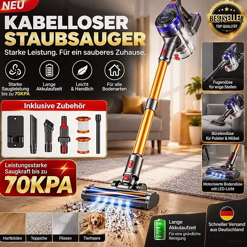 Kabelloser Akku Staubsauger 70kPa LED 2,3kg Handstaubsauger mit Zubehör