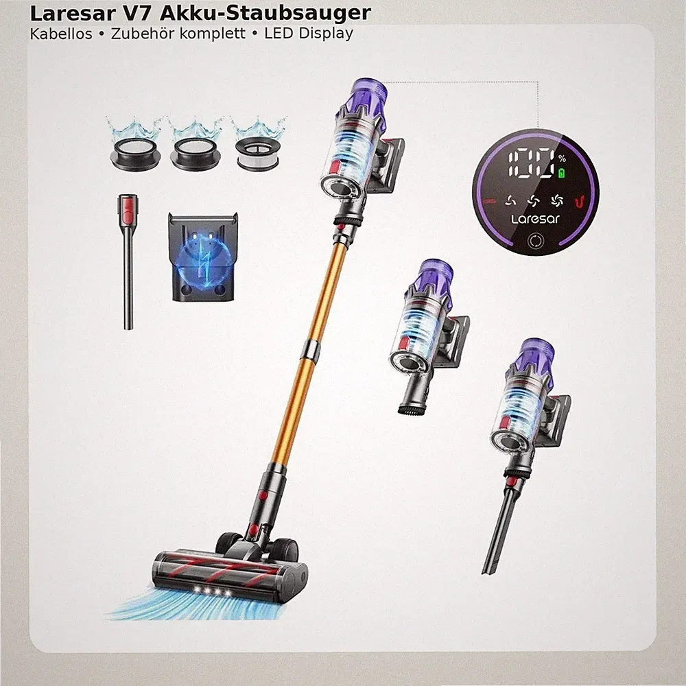 Laresar V7 Akku Staubsauger kabellos 500W 50.000Pa mit LED Display Zubehör