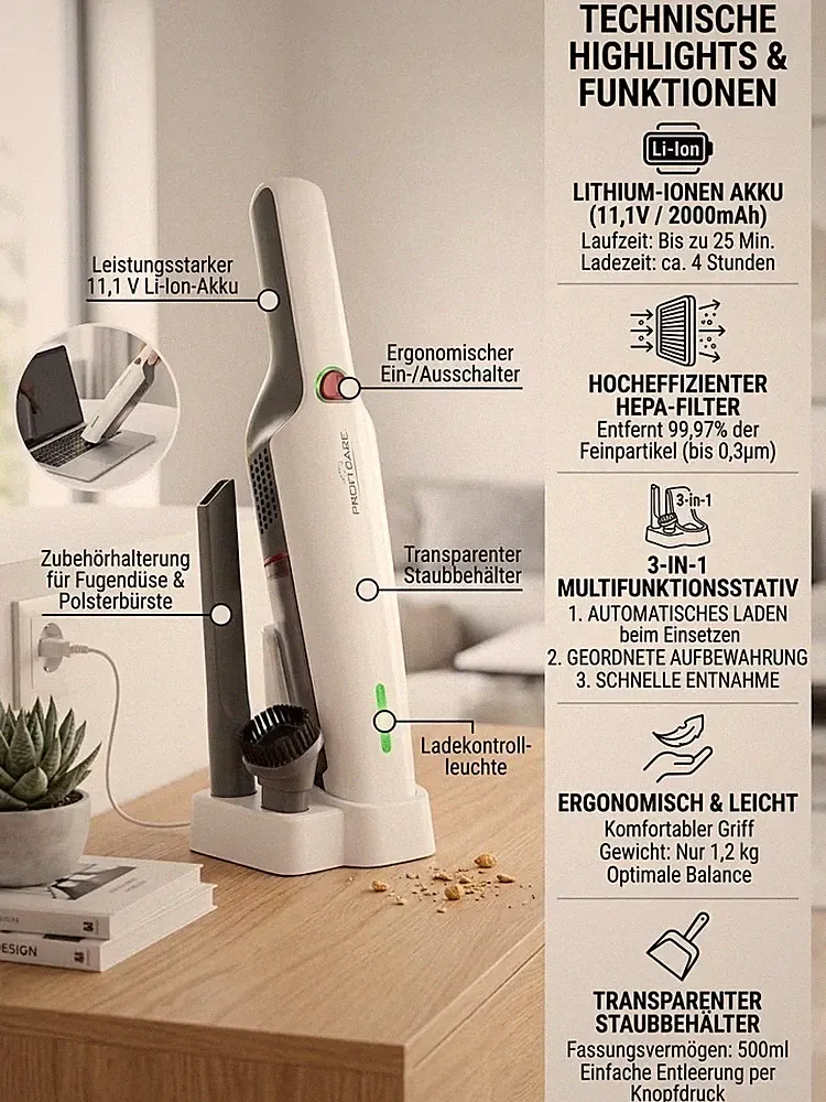 ProfiCare Akku Handstaubsauger PC-AKS 3102 Li-Ion 11,1V Ladestation Autostaubsau