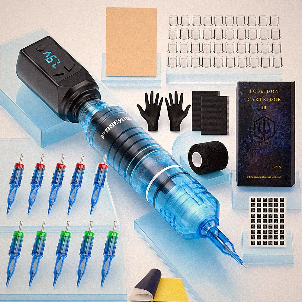 Tattoo Maschine Kabellos 1200mAh Abnehmbarer Akku Display Zubehör Blau