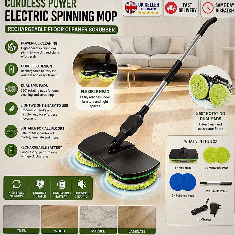 UK kabelloser elektrischer Spinnmop wiederaufladbarer Bodenreiniger Schrubber