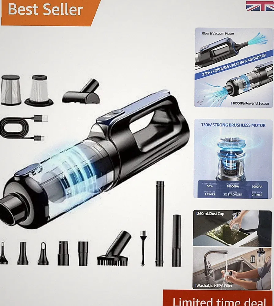 Wiederaufladbarer 2-in-1 Air Duster & Auto Staubsauger mit Hepa Filter & LED Licht